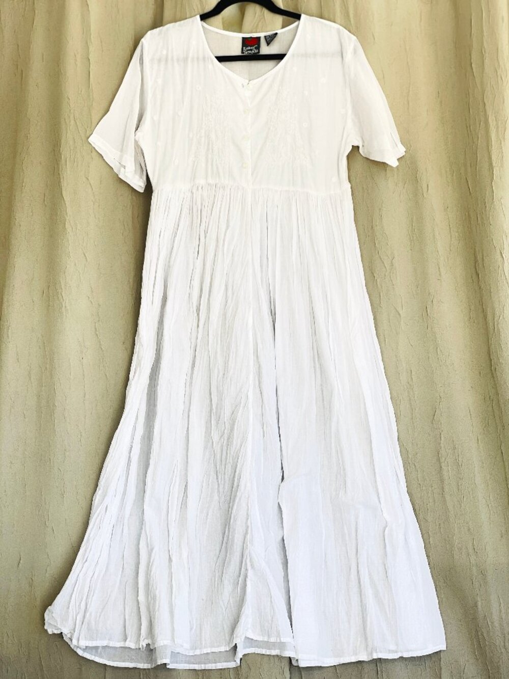 Rosey Tomato Small White Embroidered Crinkle Cotton Short Sleeve Boho Midi Dress